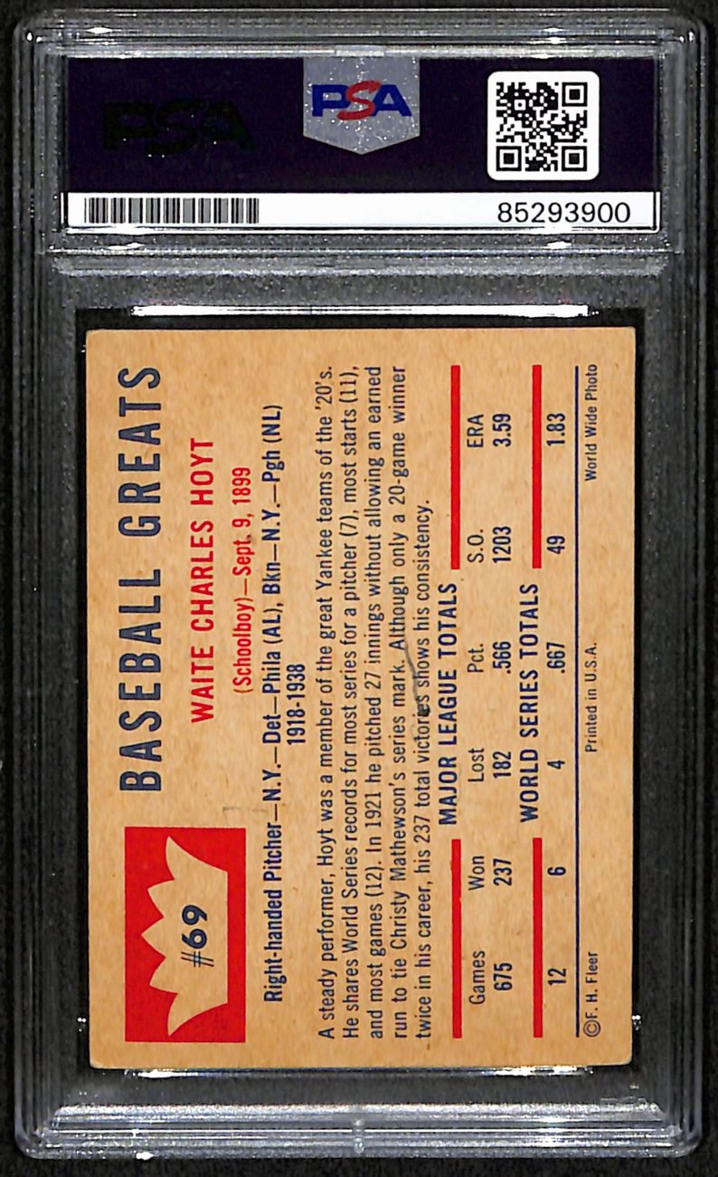 Waite Hoyt HOF Signed/Autographed 1960 Fleer Card #69 Tigers PSA/DNA 190906