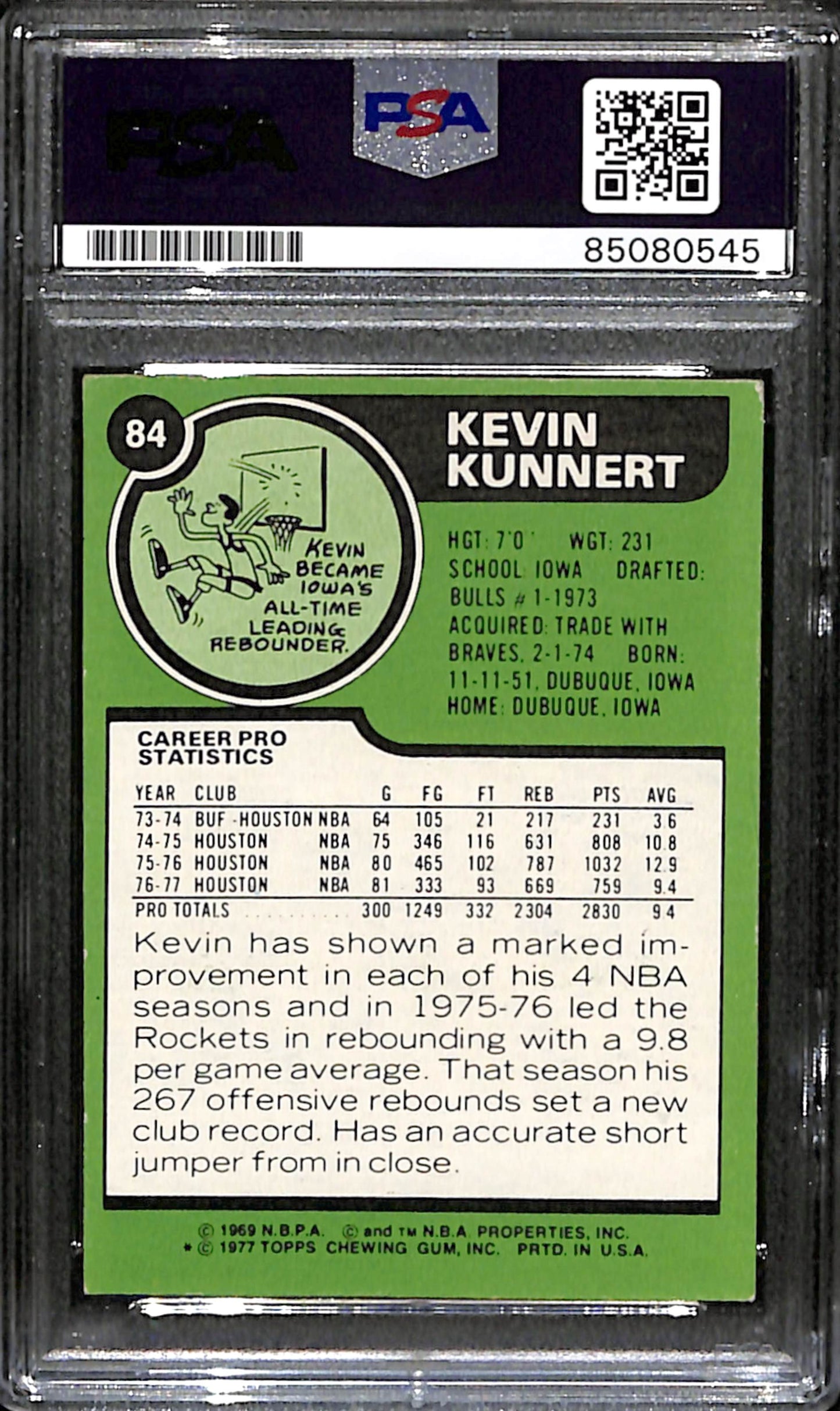 Kevin Kunnert Signed 1977 Topps Card #84 Houston Rockets PSA/DNA 185072