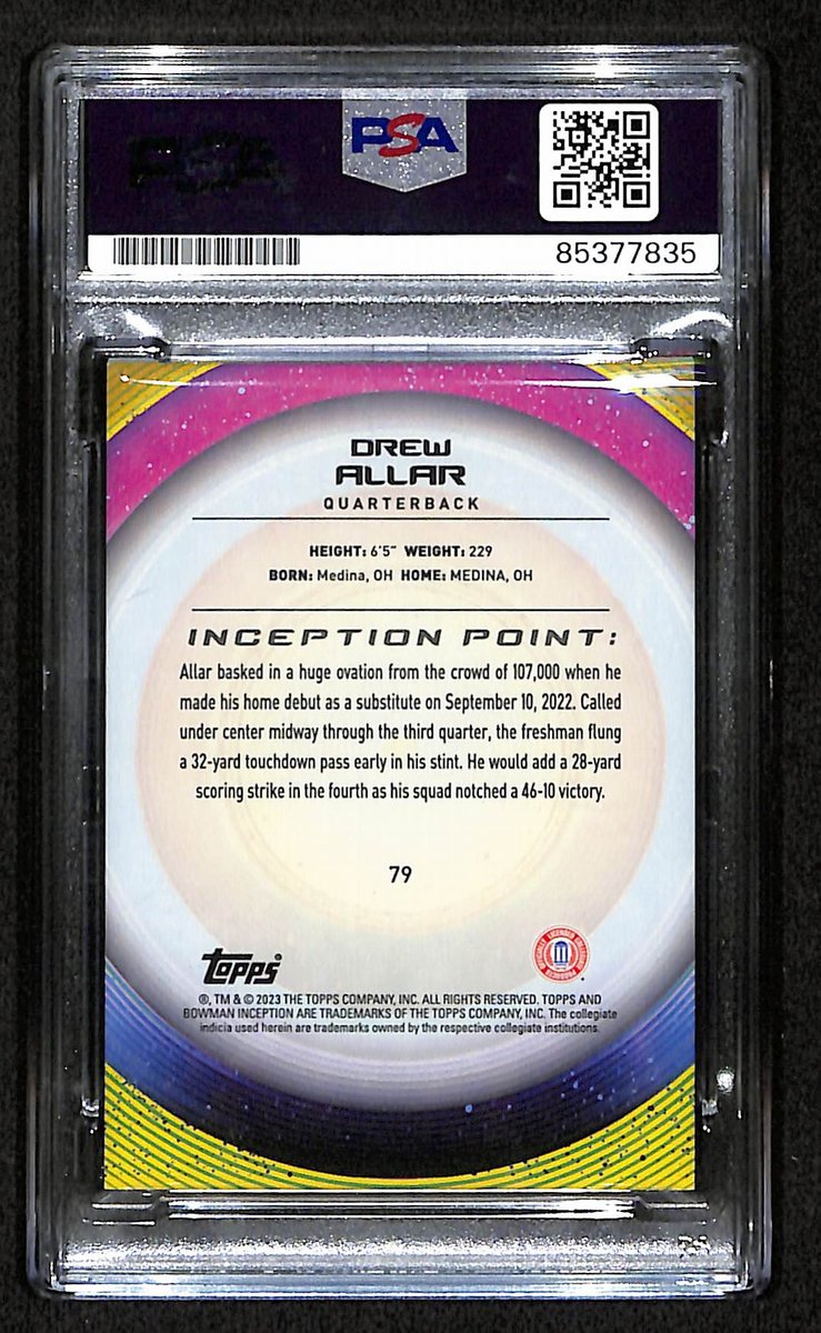 Drew Allar Penn State Signed 2022 Bowman U Inception RC Card #79 PSA/DNA 193569