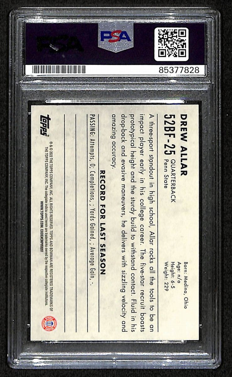 Drew Allar Penn State Signed/Auto 2022 Bowman U RC Card #52BF-25 PSA/DNA 193574