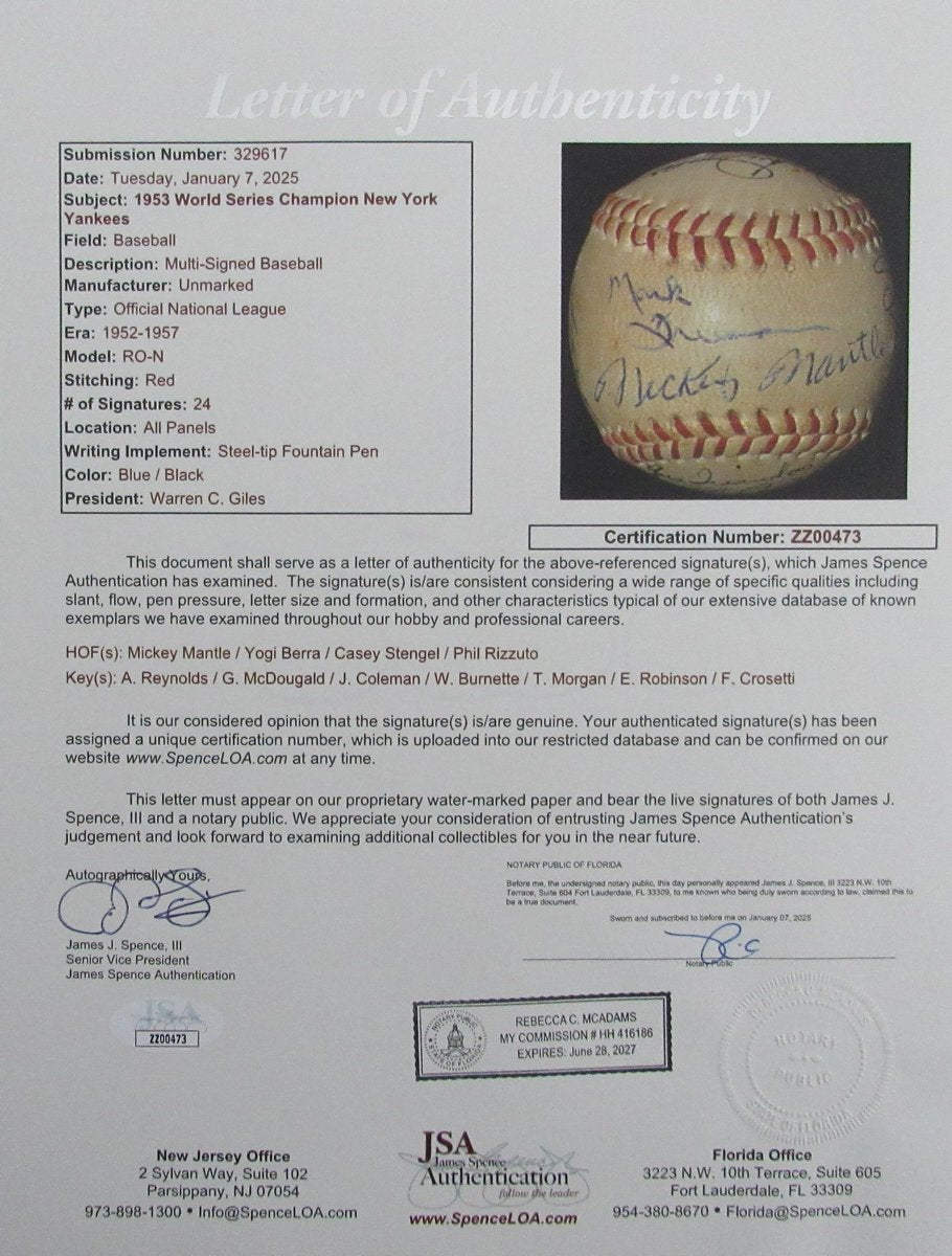 1953 Yankees ONL Team Signed Baseball (24) WS Champs Berra/Mantle JSA 193549