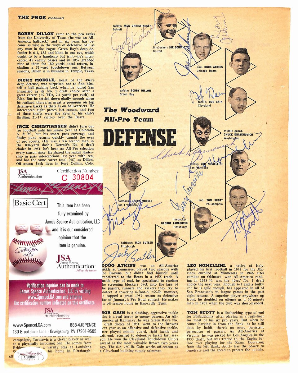 Vintage 1958 NFL All-Pros Signed (10) 8.5x11 Magazine Page Photo JSA 194950