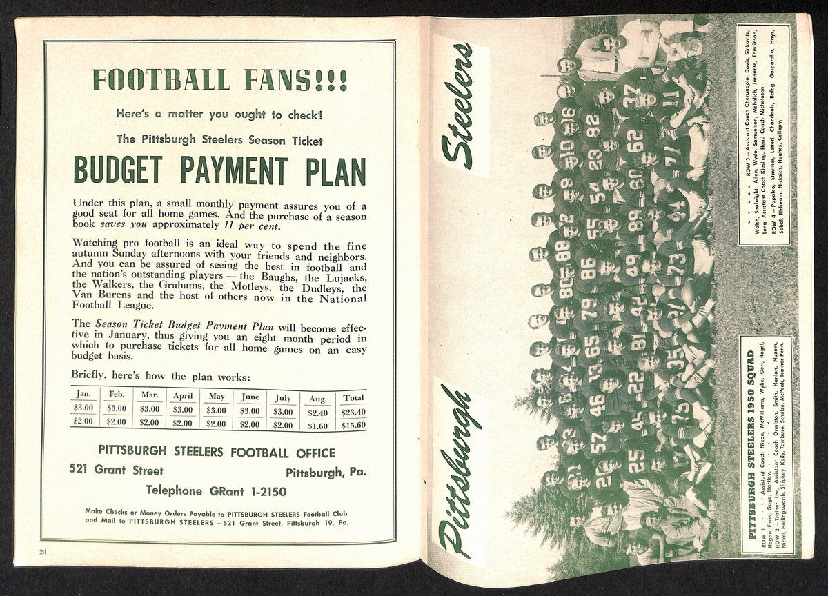 1950 Pittsburgh Steelers vs. Washington Redskins Program Sammy Baugh 194932