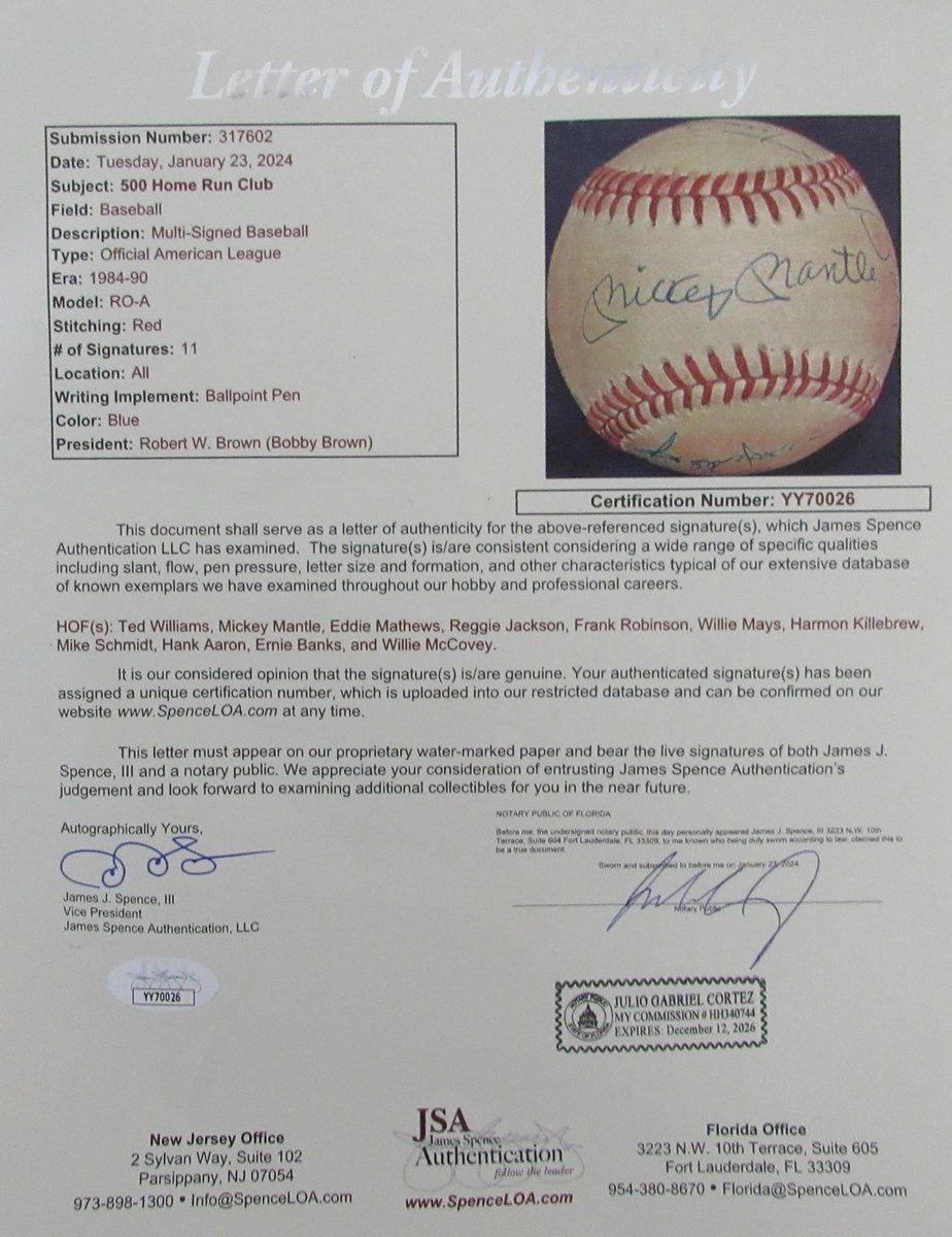 500 Home Run Club Multi Signed by 11 OAL Baseball Mickey Mantle JSA 195548