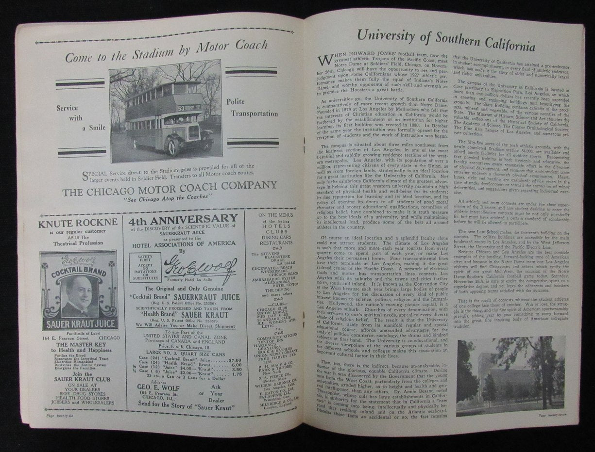 1927 Notre Dame vs. USC Football Game Program Knute Rockne Soldier Field 195256