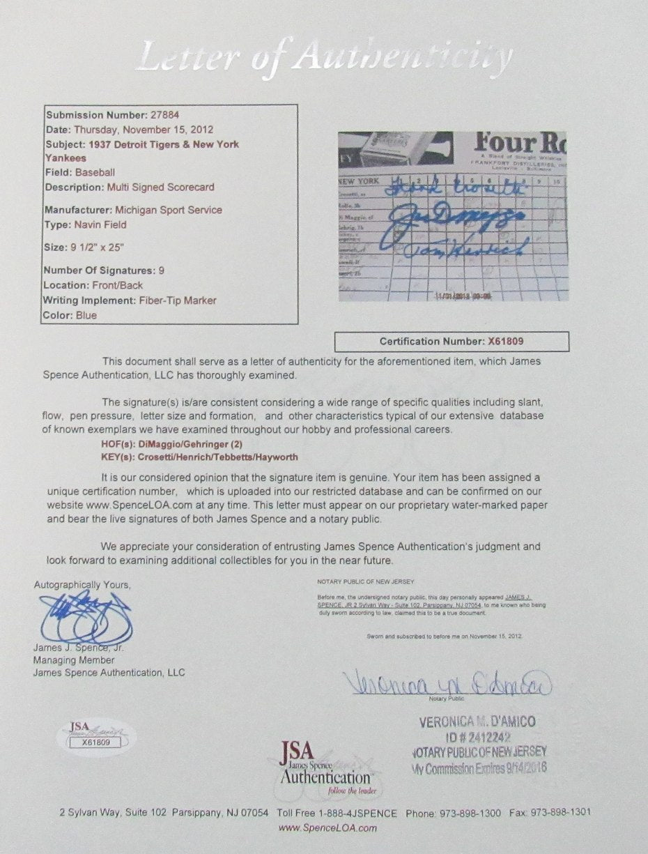 1937 Yankees vs Tigers Signed/Auto (9) Program Scorecard DiMaggio JSA 194940