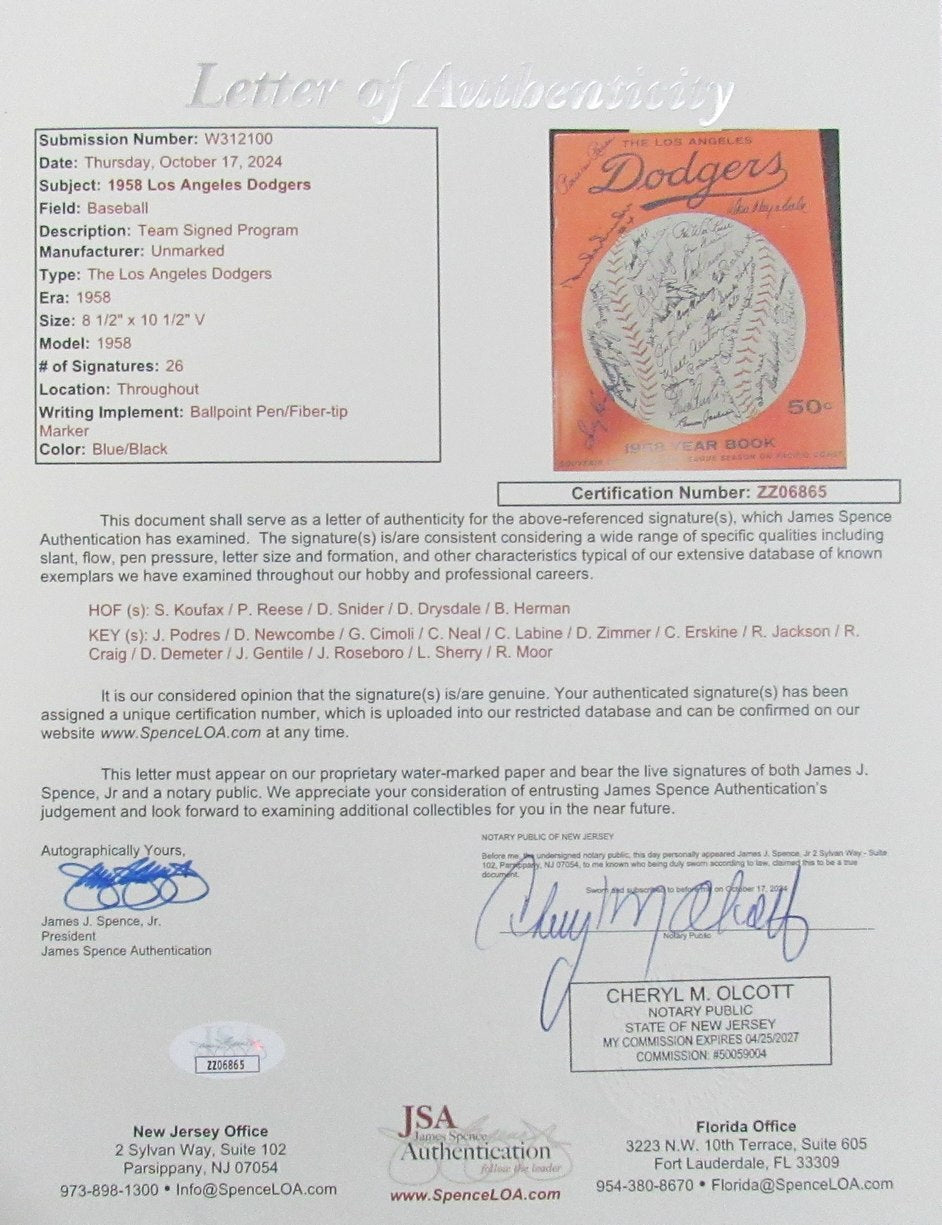 1958 Dodgers Signed/Auto (26) Yearbook Koufax Reese Snider Drysdale JSA 195275