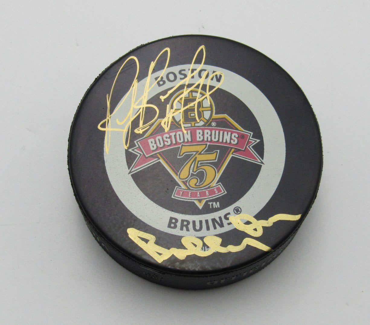 Ray Bourque/Bobby Orr HOF Dual-Signed Bruins Official Game Hockey Puck PSA