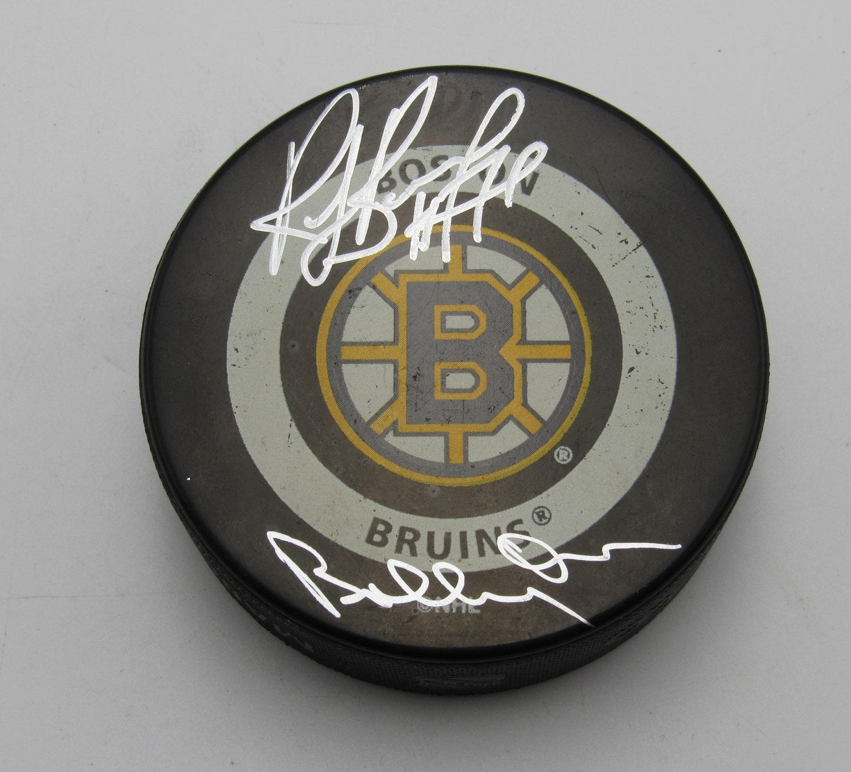 Ray Bourque/Bobby Orr HOF Dual-Signed Bruins Official Game Hockey Puck PSA2