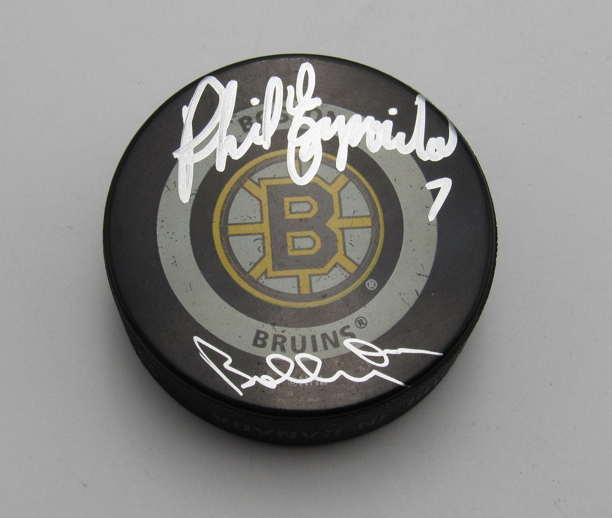 Phil Esposito/Bobby Orr HOF Dual-Signed Boston Bruins Official Hockey Puck PSA2