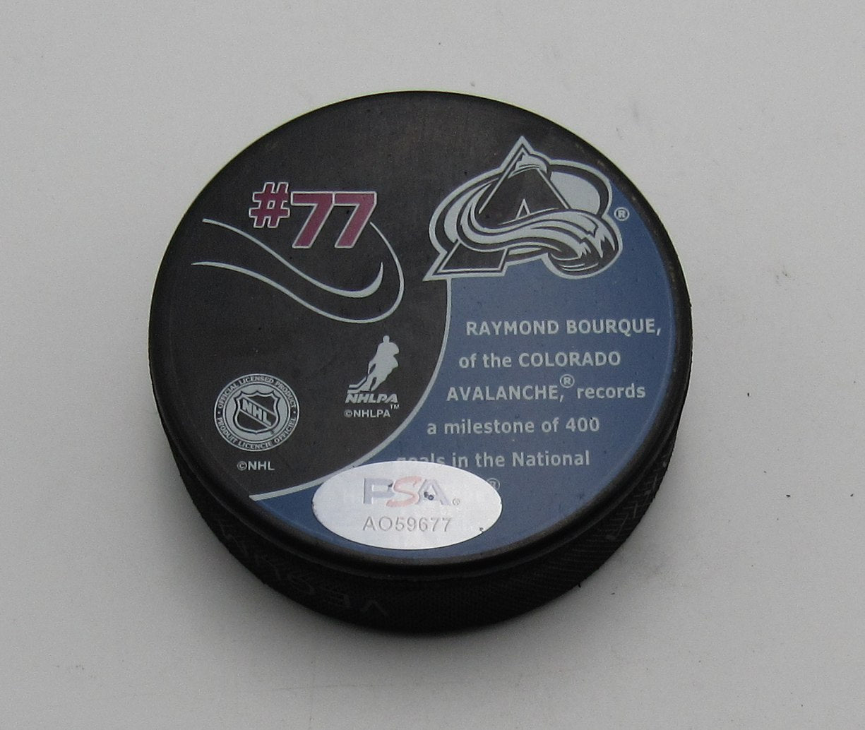 Ray Bourque HOF Signed 400 Goals Hockey Puck Colorado Avalanche PSA 194294