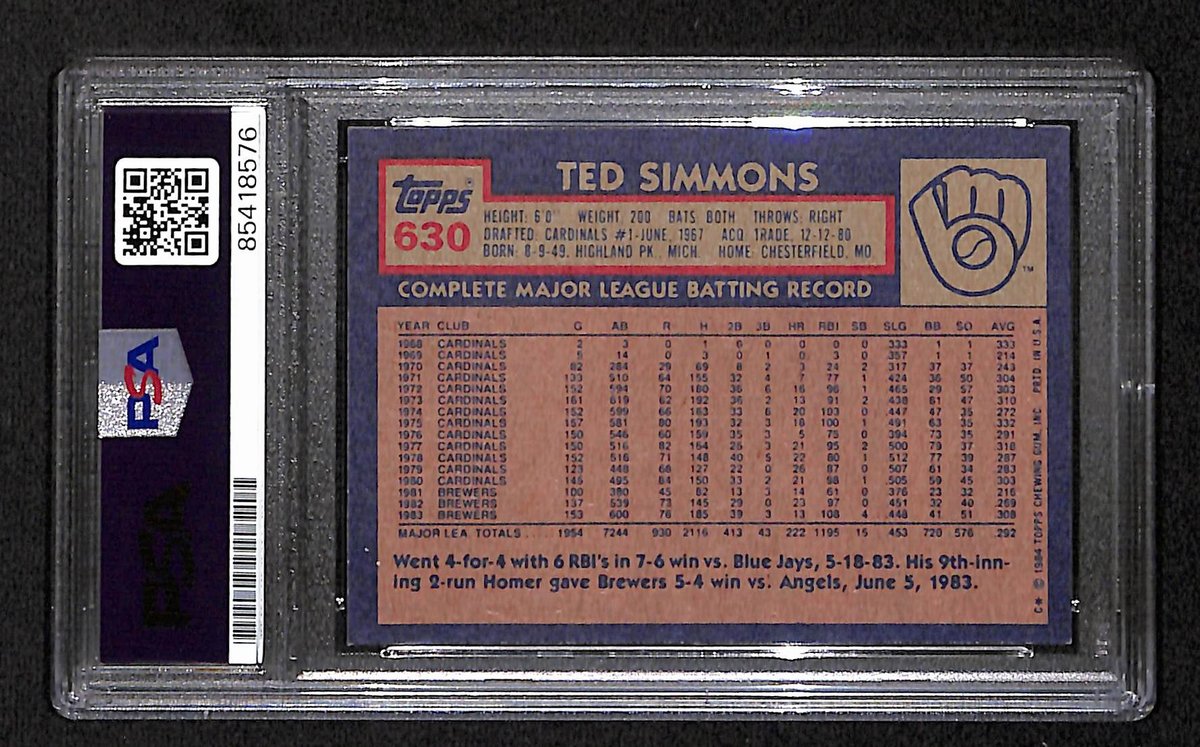 Ted Simmons HOF Brewers Signed/Auto 1984 TOPPS Card #630 PSA/DNA 193840