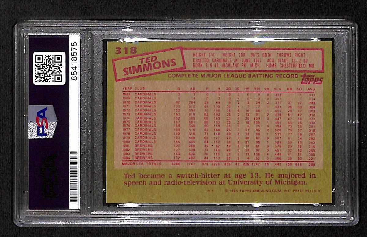 Ted Simmons HOF Brewers Signed/Auto 1985 TOPPS Card #318 PSA/DNA 193844