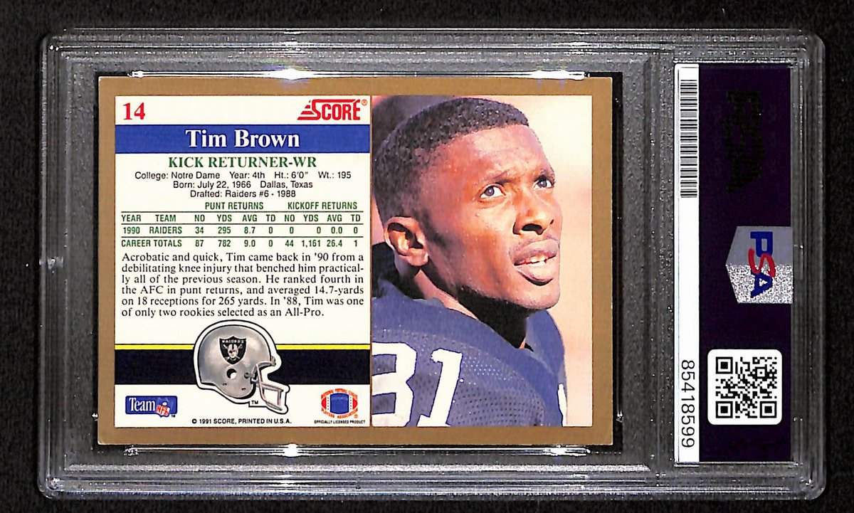 Tim Brown HOF Raiders Signed/Autographed 1991 Score Card #14 PSA/DNA 193848