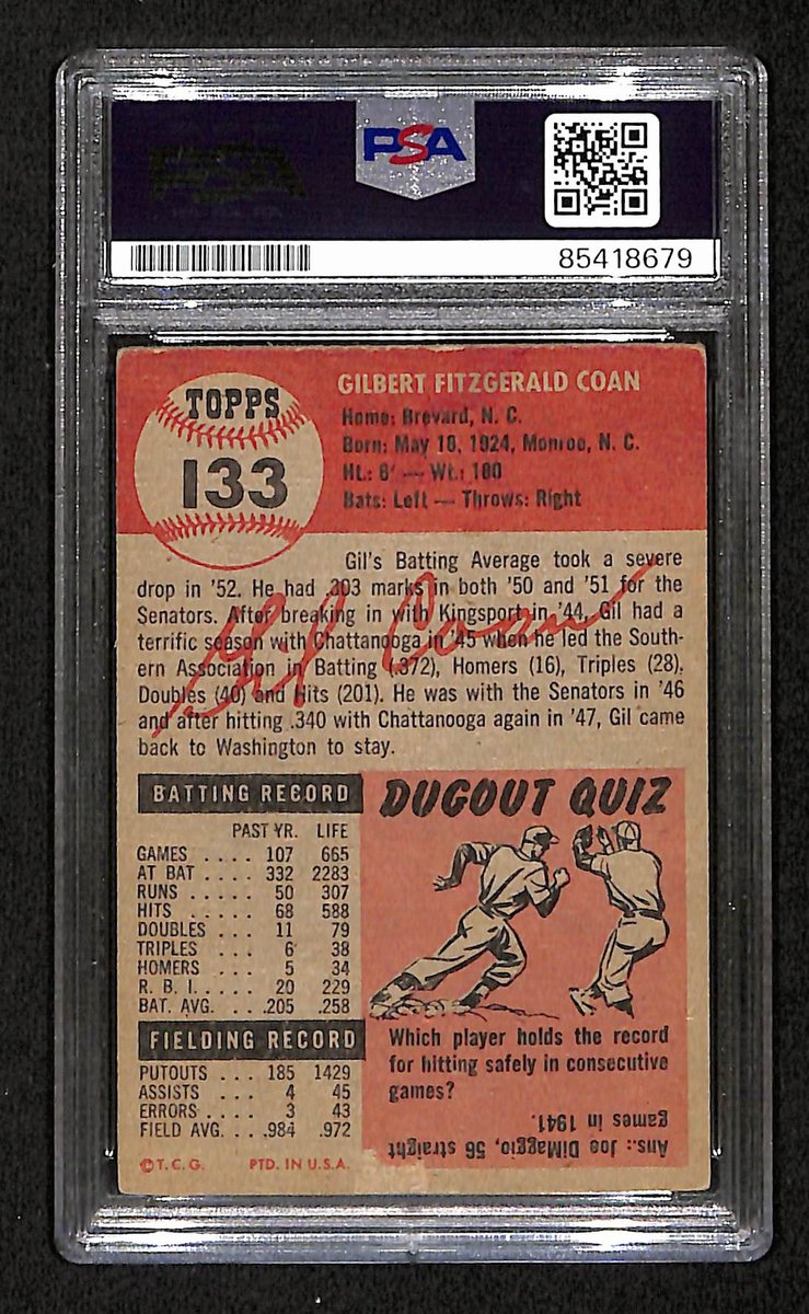 Gil Coan Senators Signed/Autographed 1953 TOPPS Card #133 PSA/DNA 193850