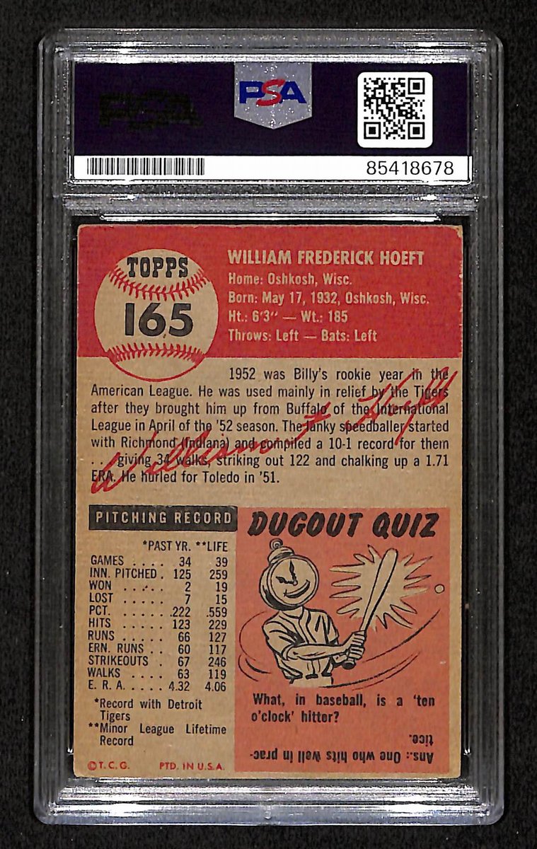 Billy Hoeft Tigers Signed/Autographed 1953 TOPPS Card #165 PSA/DNA 193851