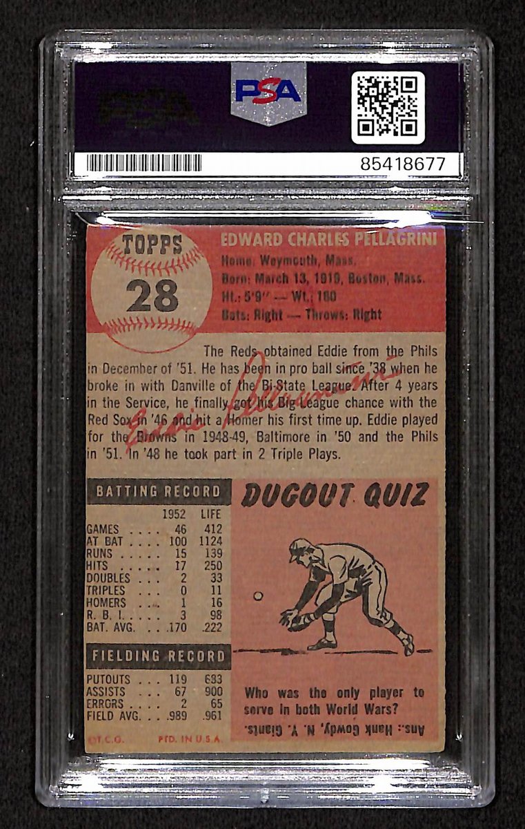 Eddie Pellagrini Reds Signed/Autographed 1953 TOPPS Card #28 PSA/DNA 193852