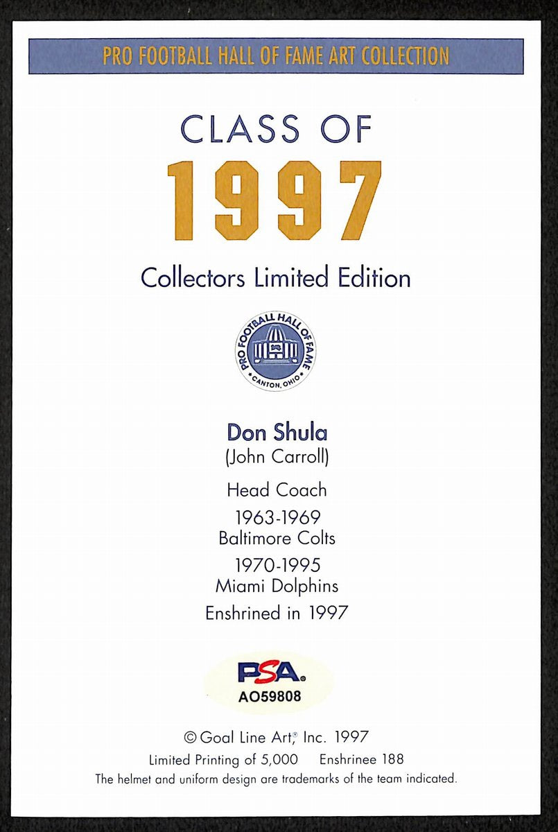 Don Shula HOF Signed/Inscr 1997 Goal Line Art GLAC Postcard Dolphins PSA 194737