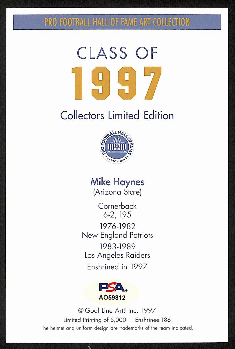 Mike Haynes HOF Signed/Inscr 1997 Goal Line Art GLAC Postcard Raiders PSA 194741