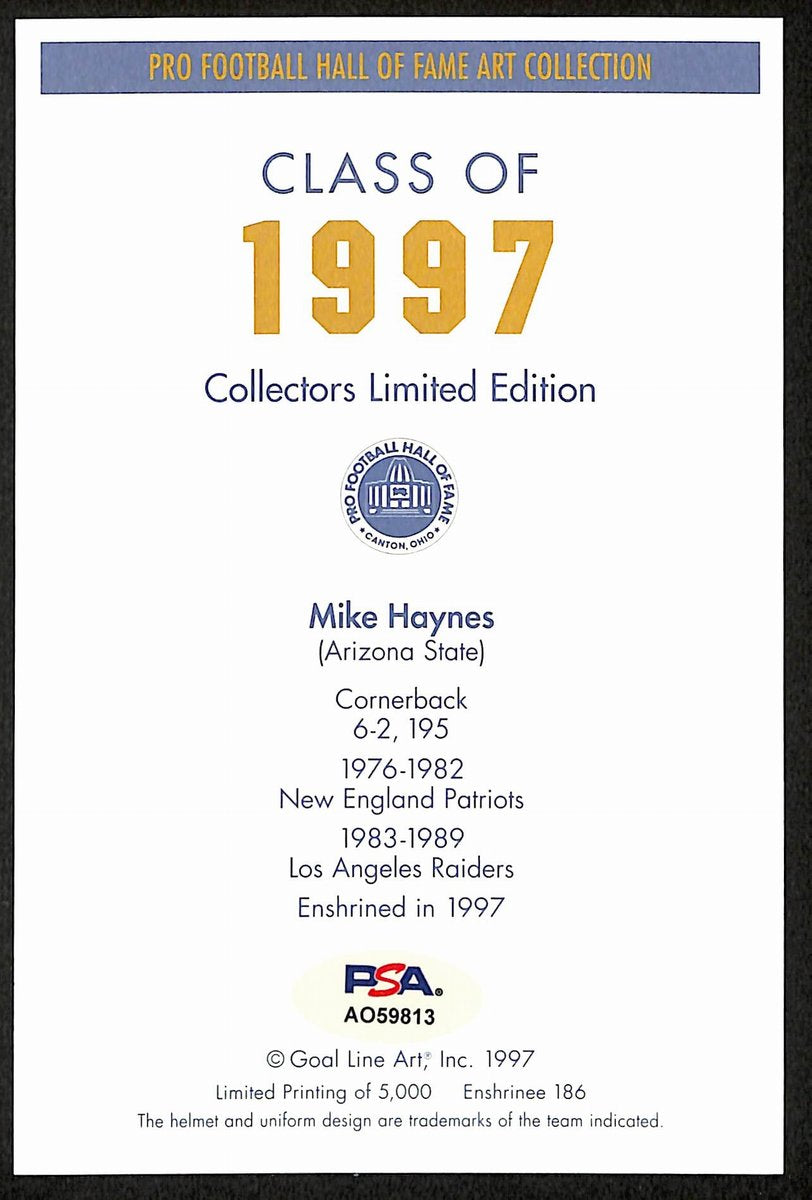 Mike Haynes HOF Signed/Inscr 1997 Goal Line Art GLAC Postcard Raiders PSA 194742