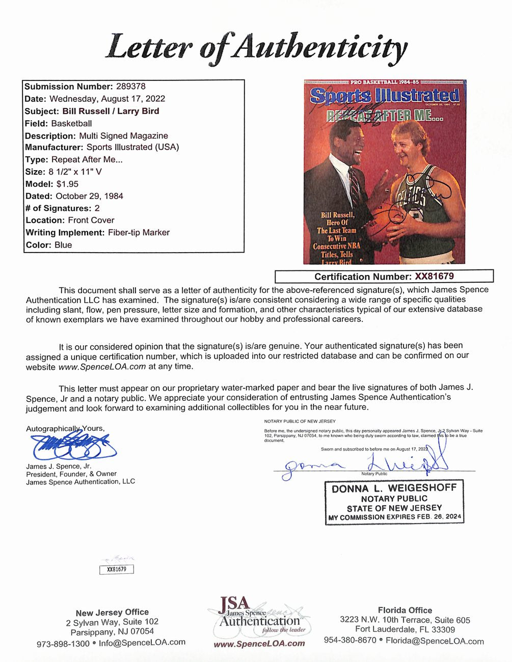 Bill Russell/Larry Bird Signed 10/29/1984 Sports Illustrated Magazine JSA 194471