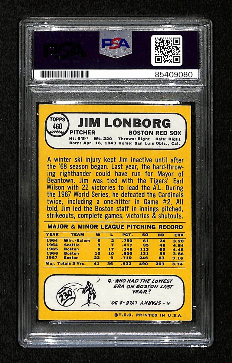 Jim Lonborg Signed/Inscribed 1968 Topps Card #460 Boston Red Sox PSA/DNA 195181