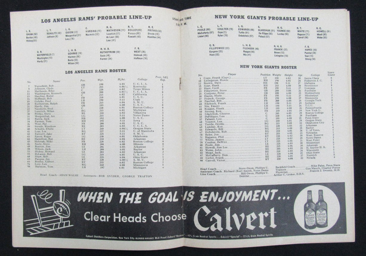 December 1, 1946 New York Giants vs. LA Rams Football Game Program 195514