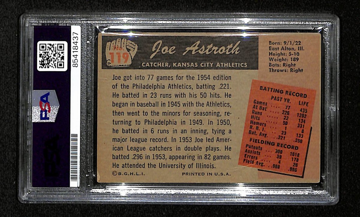 Joe Astroth Signed/Auto 1955 Bowman Card #119 KC Athletics PSA/DNA 194824