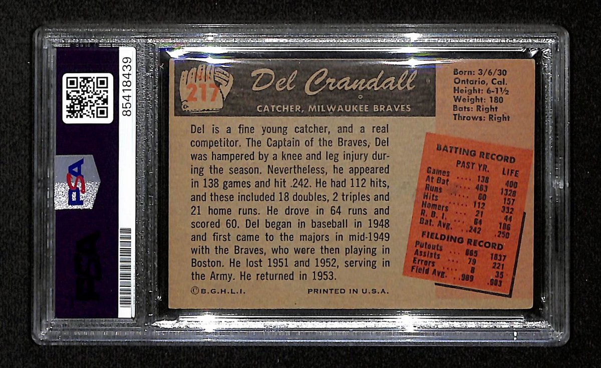 Del Crandall Signed/Auto 1955 Bowman Card #217 Milwaukee Braves PSA/DNA 194826