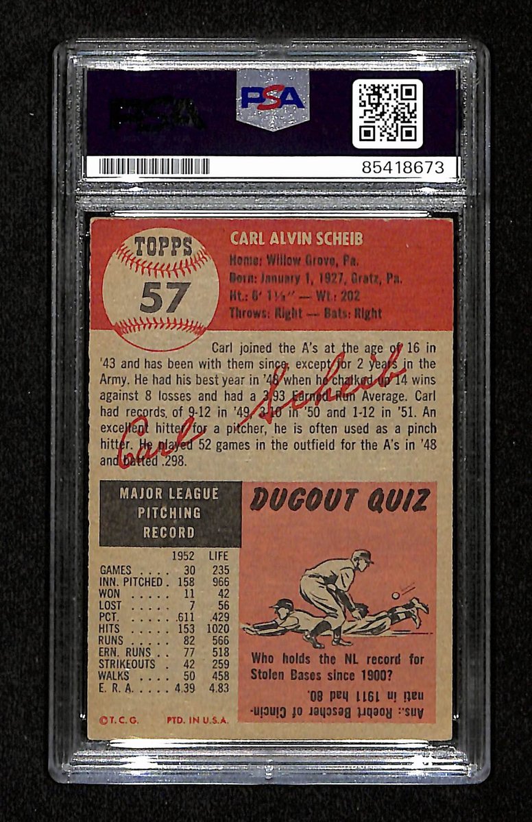 Carl Scheib Signed 1953 Topps Card #57 Philadelphia Athletics PSA/DNA 194840