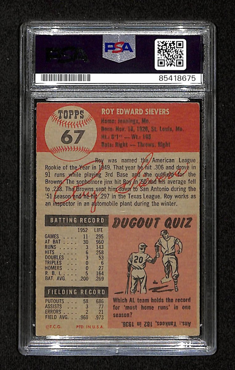 Roy Sievers Signed/Auto 1953 Topps Card #67 St. Louis Browns PSA/DNA 194842