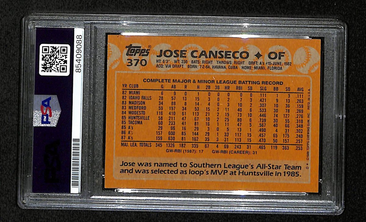 Jose Canseco Signed/Auto 1988 Topps Card #370 Oakland A's PSA/DNA 195119