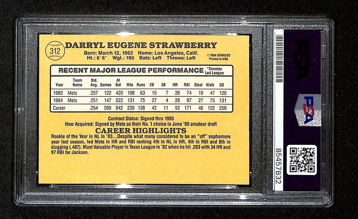 Darryl Strawberry Signed/Auto 1985 Donruss Card #312 Mets PSA/DNA 194797