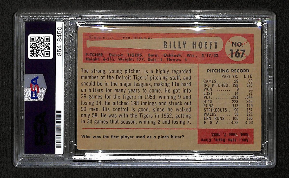 Billy Hoeft Signed/Auto 1954 Bowman Card #167 Detroit Tigers PSA/DNA 194820