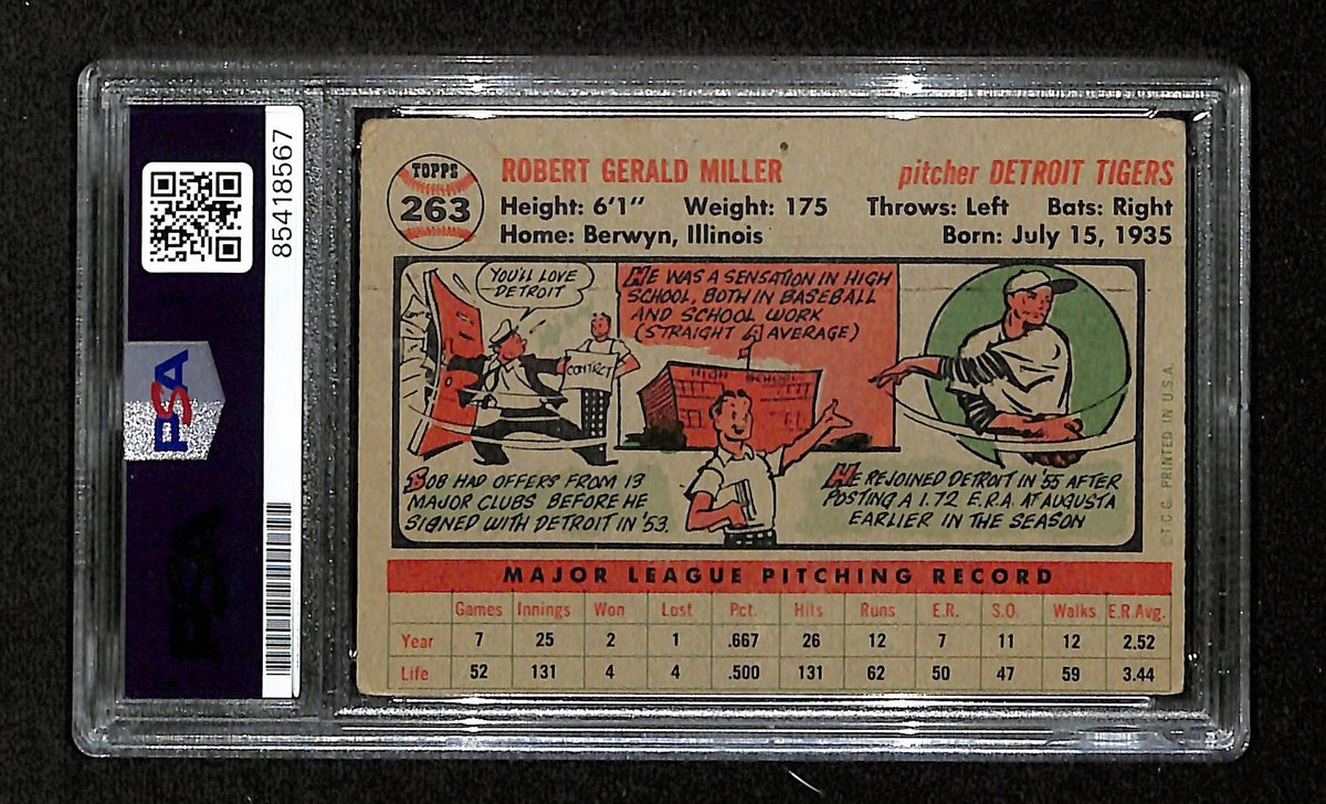 Bob Miller Signed/Auto 1956 Bowman Card #263 Detroit Tigers PSA/DNA 194880