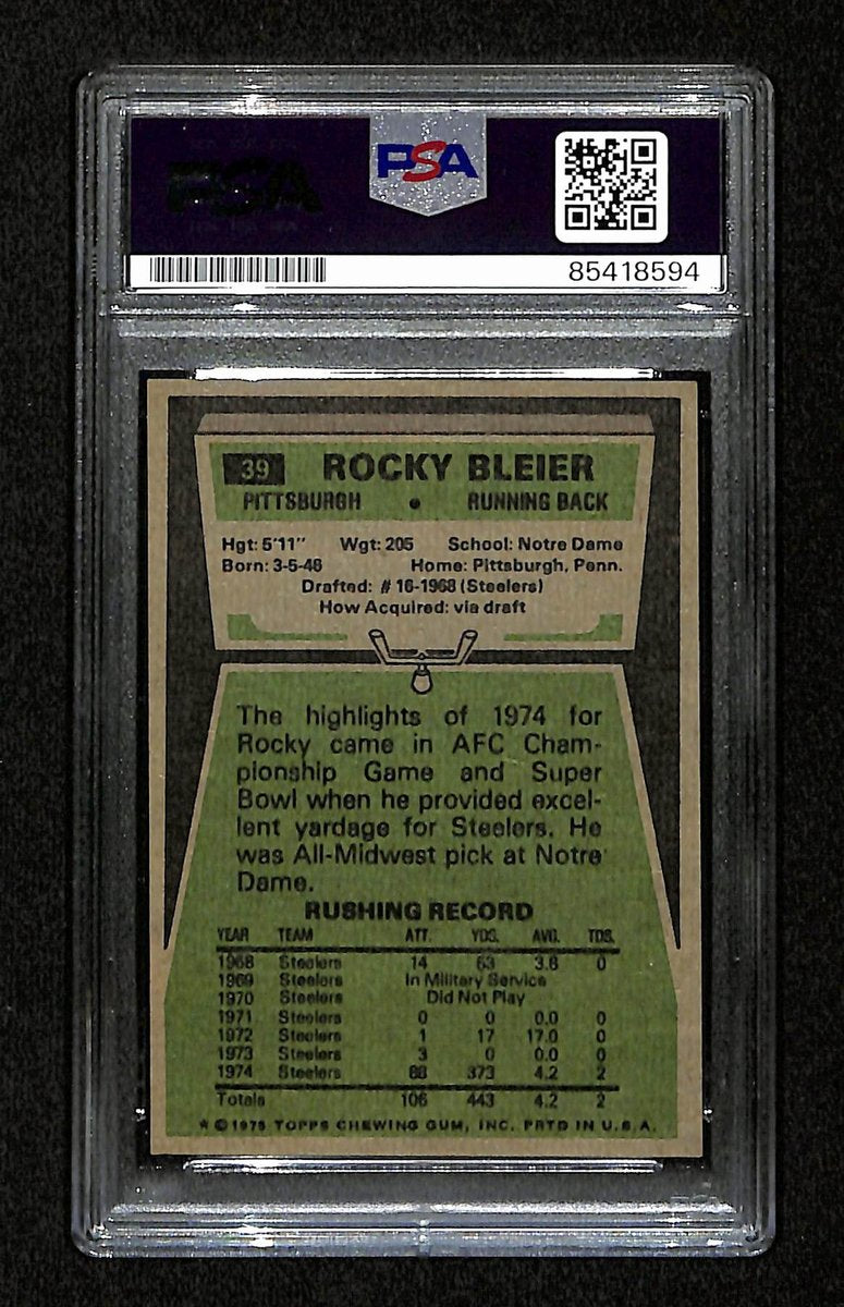 Rocky Bleier HOF Signed/Auto 1975 Topps RC Card #39 Steelers PSA/DNA 194846
