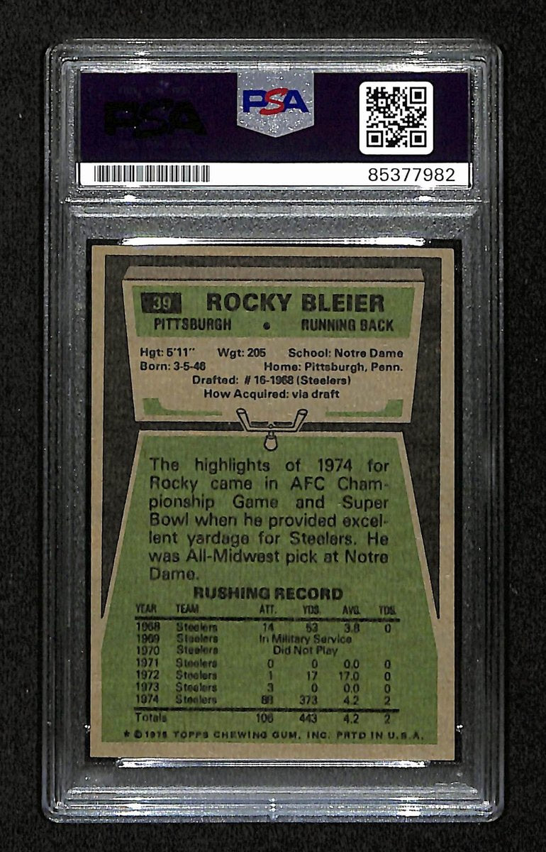 Rocky Bleier HOF Signed/Auto 1975 Topps RC Card #39 Steelers PSA/DNA 194847