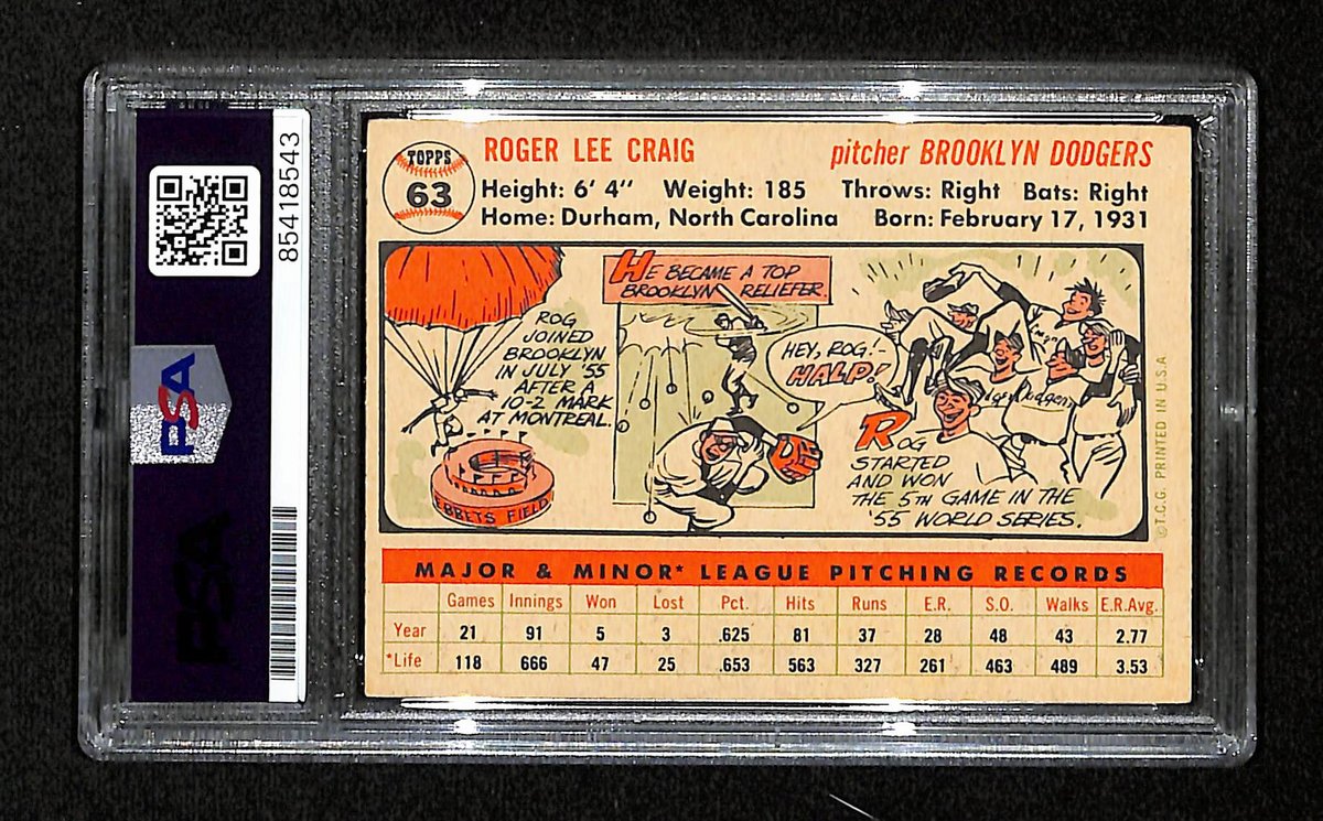 Roger Craig Signed/Auto 1956 Topps Card #63 Brooklyn Dodgers PSA/DNA 194854