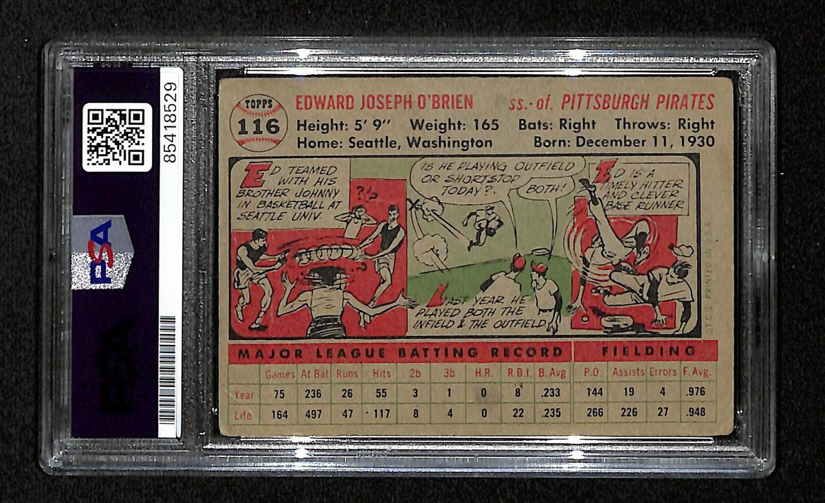 Eddie O'Brien Signed/Auto 1956 Topps Card #116 Pittsburgh Pirates PSA/DNA 194861