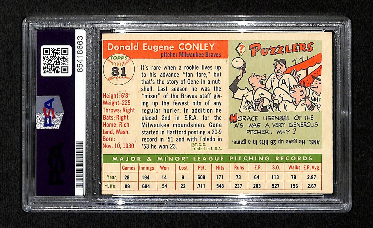 Gene Conley Signed/Auto 1955 Topps Card #81 Milwaukee Braves PSA/DNA 195371