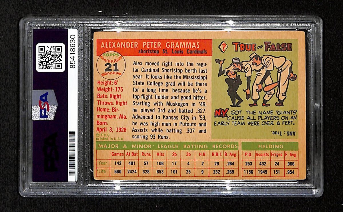 Alex Grammas Signed/Auto 1955 Topps Card #21 St. Louis Cardinals PSA/DNA 195375