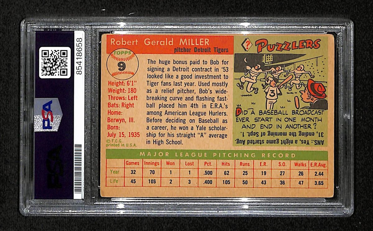 Bob Miller Signed/Autographed 1955 Topps Card #9 Detroit Tigers PSA/DNA 195376