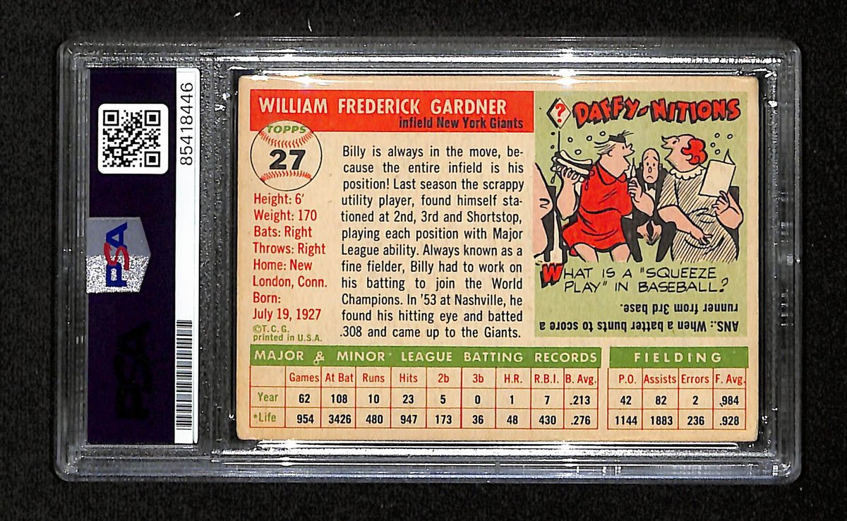 Billy Gardner Signed/Auto 1955 Topps Card #27 New York Giants PSA/DNA 195382