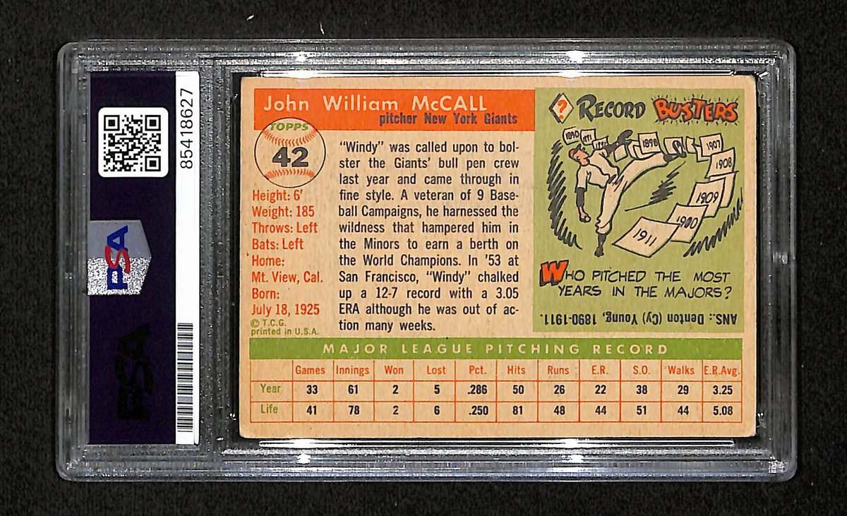 Windy McCall Signed/Auto 1955 Topps Card #42 New York Giants PSA/DNA 195383