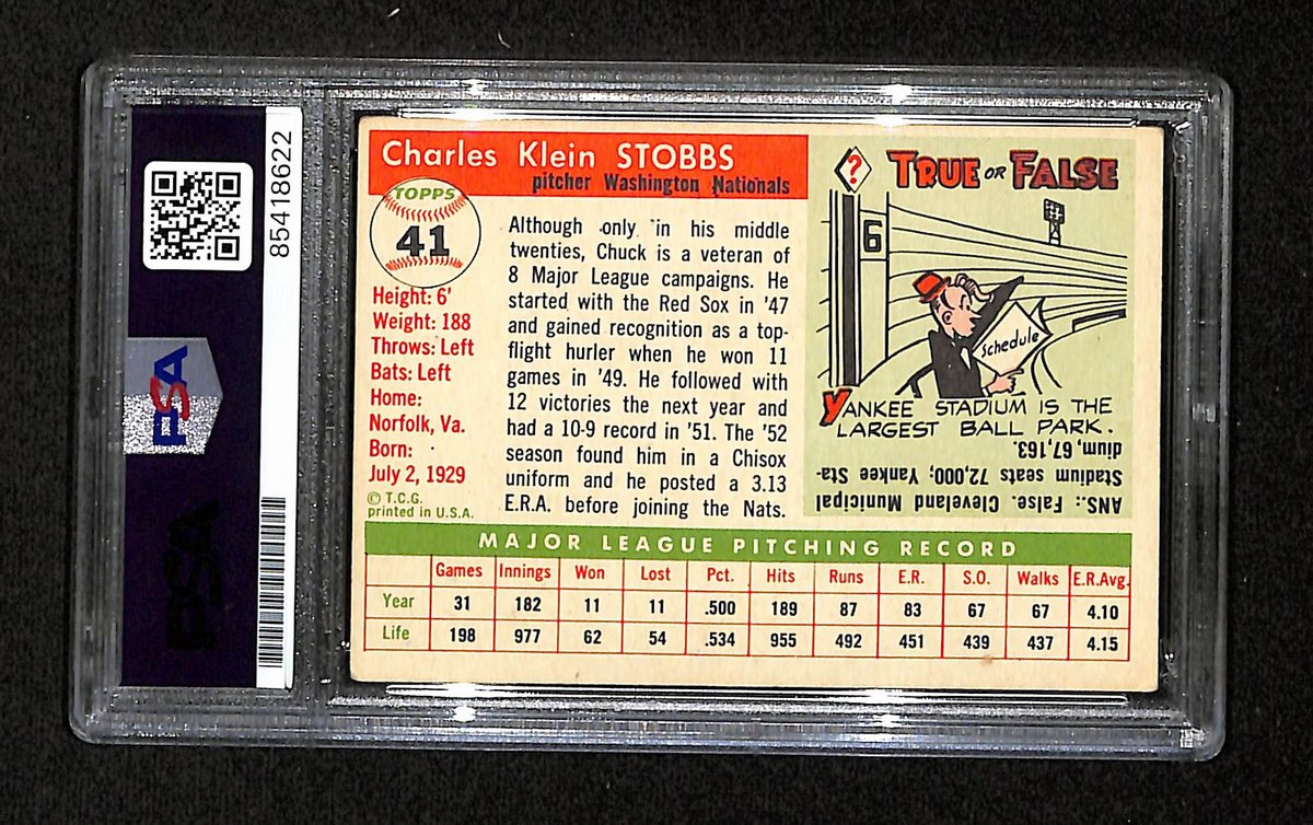Chuck Stobbs Signed/Auto 1955 Topps Card #41 Washington Nationals PSA/DNA 195384