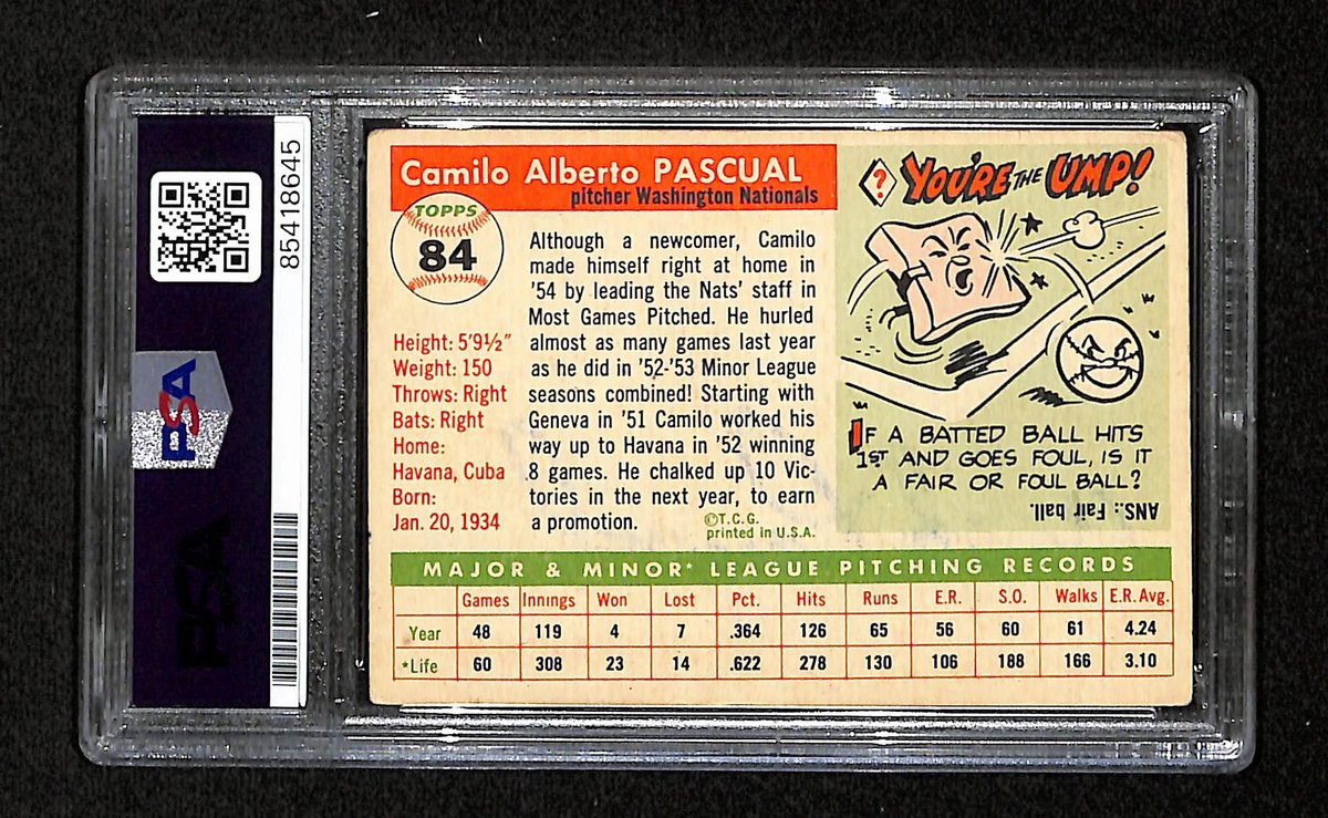 Camilo Pascual Signed 1955 Topps Card #84 Washington Nationals PSA/DNA 195385