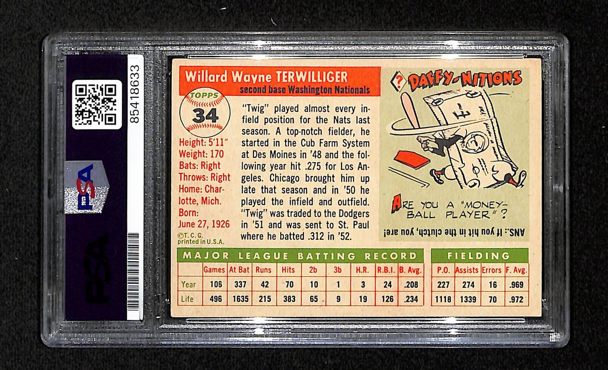 Wayne Terwilliger Signed 1955 Topps Card #34 Washington Nationals PSA/DNA 195387