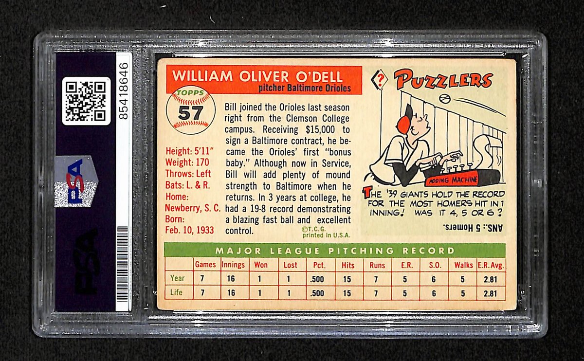 Billy O'Dell Signed/Auto 1955 Topps Card #57 Baltimore Orioles PSA/DNA 195388