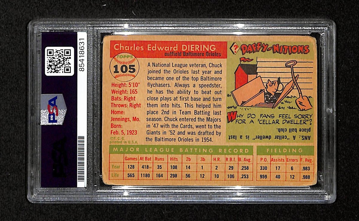 Chuck Diering Signed/Auto 1955 Topps Card #105 Baltimore Orioles PSA/DNA 195389