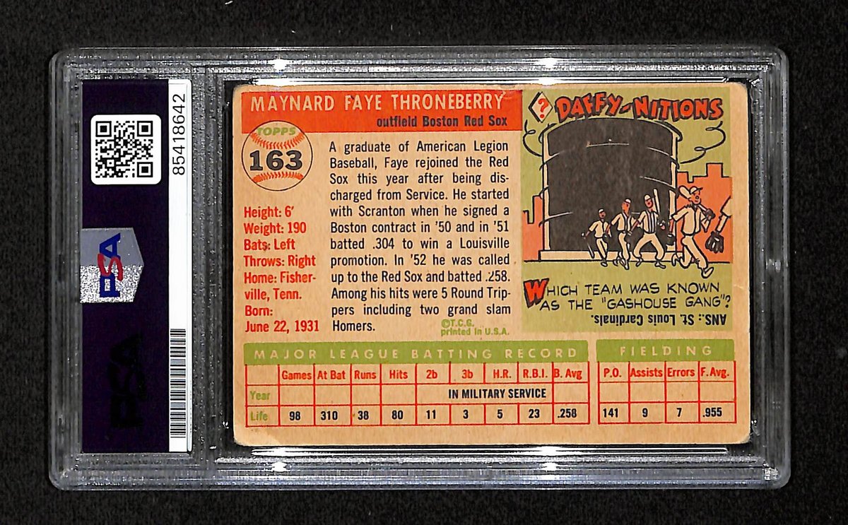 Faye Throneberry Signed/Auto 1955 Topps Card #163 Boston Red Sox PSA/DNA 195395